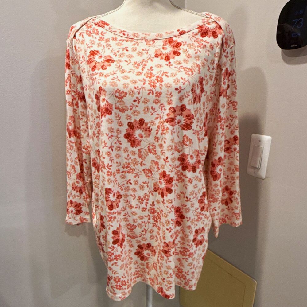 Style & Co. 3X White Red Floral 3/4 Sleeve Scoop Neck Tunic Top Supima